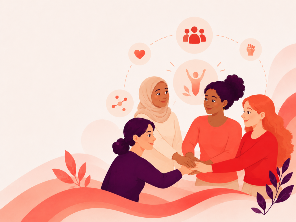 Illustration einer Gruppe von Frauen, die gemeinsam aktiv werden.