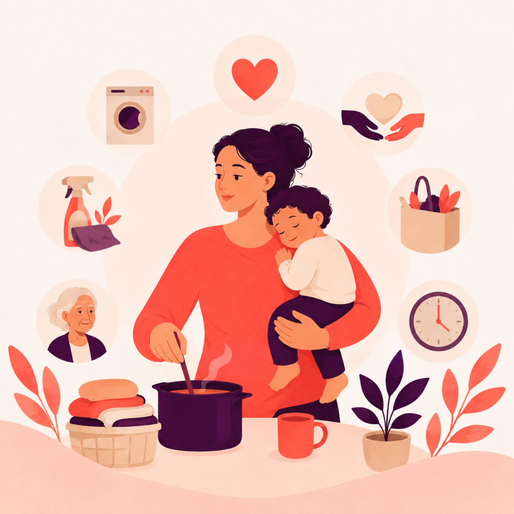 Illustration einer Mutter mit Kind und Symbolen der Sorgearbeit.