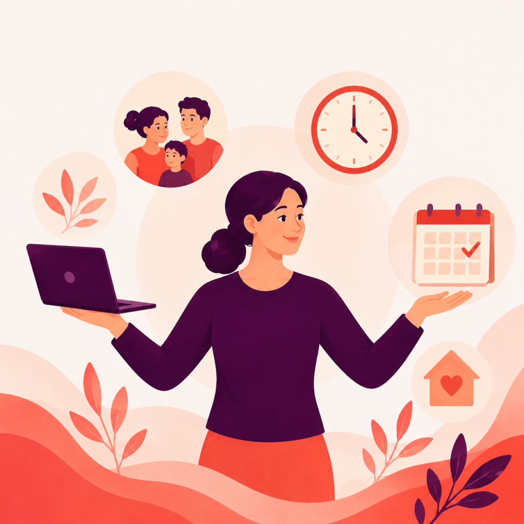 Illustration zum Zusammenspiel von Familie, Beruf und Zeit.