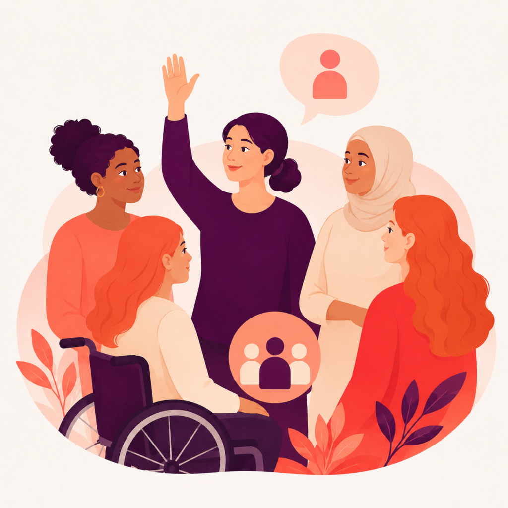 Illustration einer Gruppe von Frauen, die Beteiligung und Mitbestimmung zeigt.