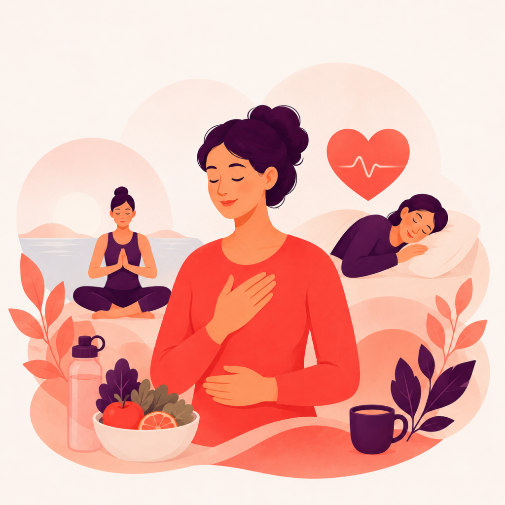 Illustration zum Thema Gesundheit, Selbstfürsorge und Erholung.