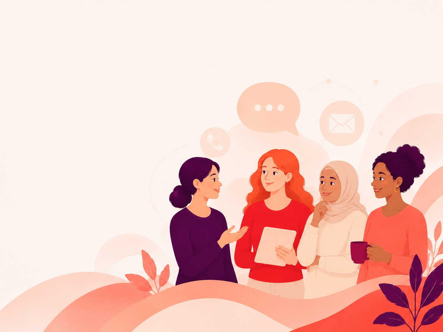Illustration einer freundlichen Gesprächssituation mit Kommunikationssymbolen.
